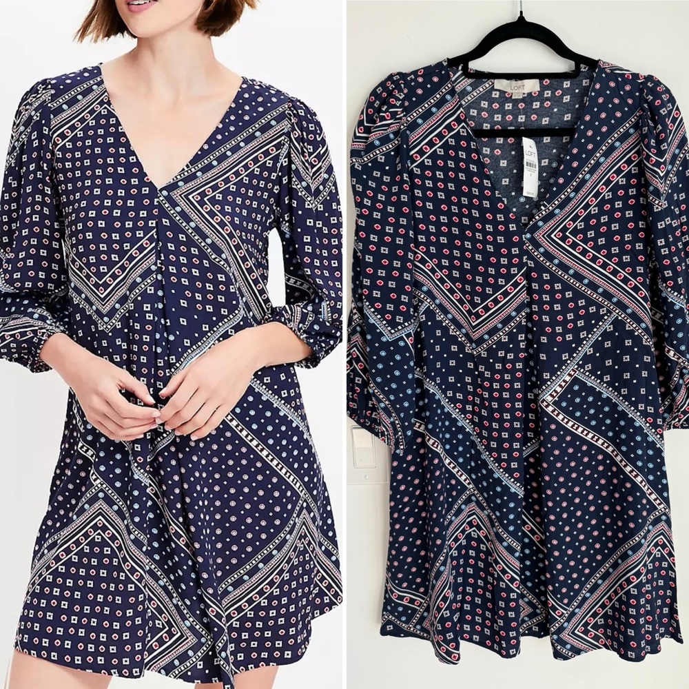 LOFT Women’s Small Bandana Print Pleated Mini Pocket Dress NEW Casual